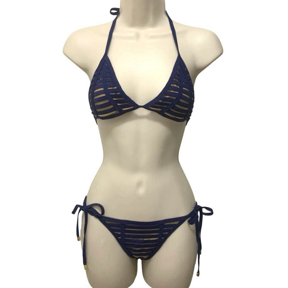 Beach Bunny Hard Summer Navy Blue Nude Bikini Set Top M Bottom XS